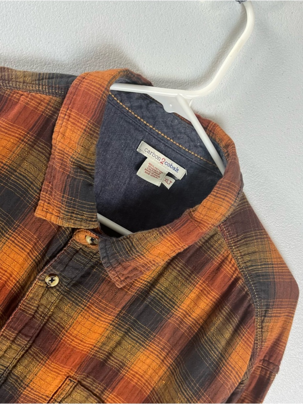 Carbon2Cobalt  Shirt Mens XLT Orange Blue Plaid Flannel Button Down Long Sleeve